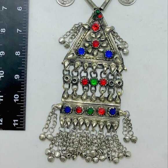 Silver Vintage Long Pendant Necklace with Coins Handmade Afghan Pendant Necklace - Picture 10 of 11